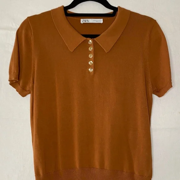Zara Button Up Women's Polo Shirt Knit Size Medium Brown - Picture 1 of 8